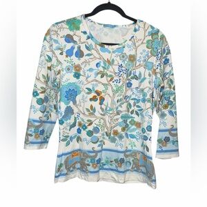 J. McLaughlin Blue and White Floral Santana knit 3/4 sleeve
